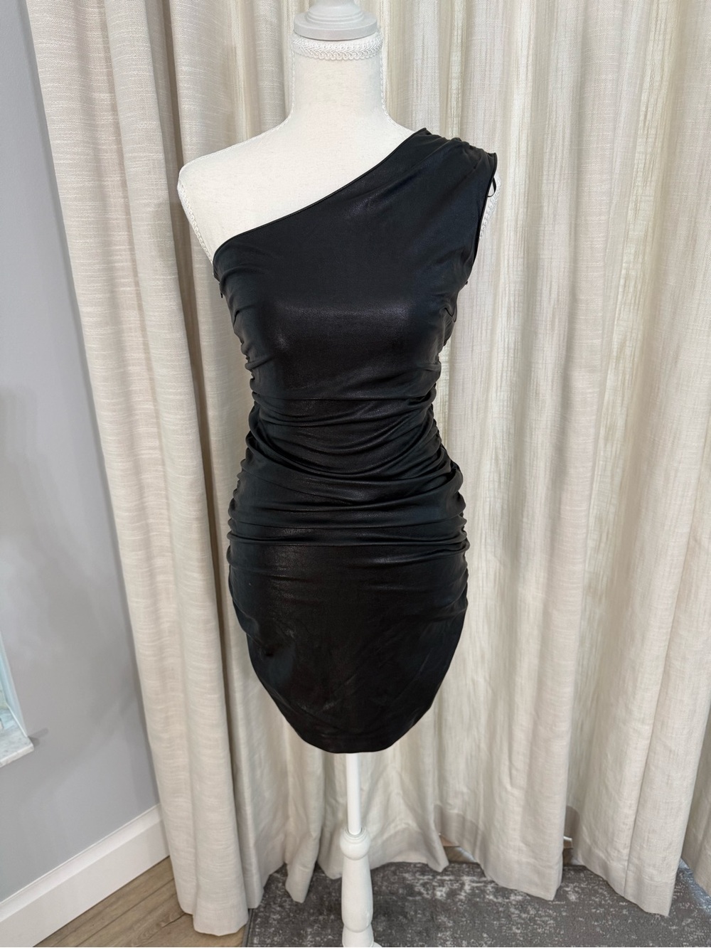 Amanda Uprichard Black One-Shoulder Ruched Mini Dress